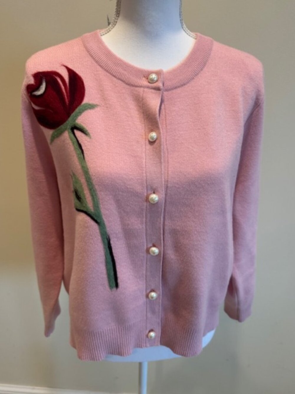 Sioni Pink Cardigan Sweater with Red Rose Embroidery